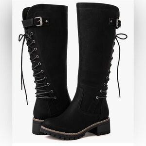 NWOT Global Win Black Lace-Up Knee High Boots